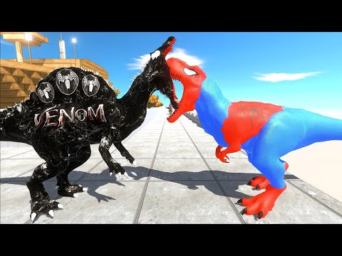VENOM SPINOSAURUS vs SPIDER-MAN T REX DEATH RUN - Jurassic World Evolution 2
