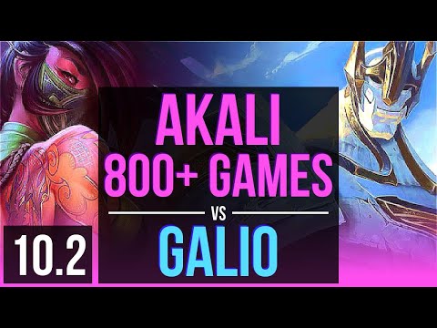 AKALI vs GALIO (MID) | 4 early solo kills, 800+ games, Dominating | EUW Challenger | v10.2