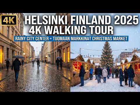 Helsinki Finland 2025 4K Walking Tour | Rainy City Center + Tuomaan Markkinat Christmas Market
