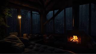 Forest Cabin at Night with Rain and Fireplace | Calm and Peaceful Ambience for Relaxation