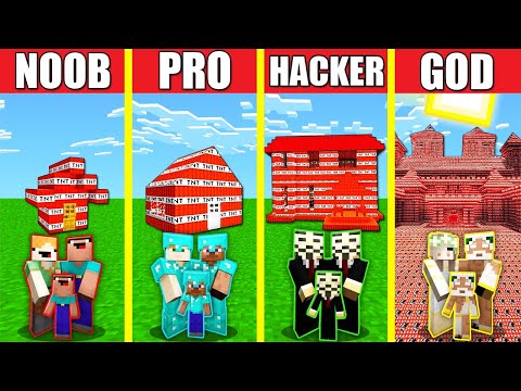 Minecraft Battle: TNT HOUSE BUILD CHALLENGE - NOOB vs PRO vs HACKER vs GOD Animation EXPLOSION BOMB