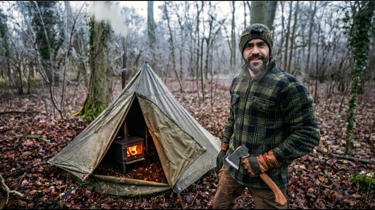 Winter Camping in Old Military Tent with Woodstove