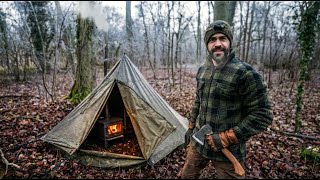 Winter Camping in Old Military Tent with Woodstove