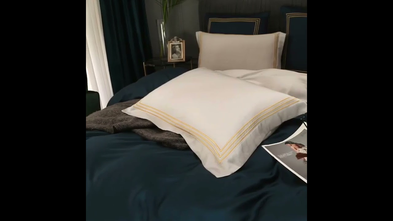 Parure de lit en Soie - satin - eucalyptus - Luxe - 6 pièces - 300 TC - Gris -Argenté - Bleu