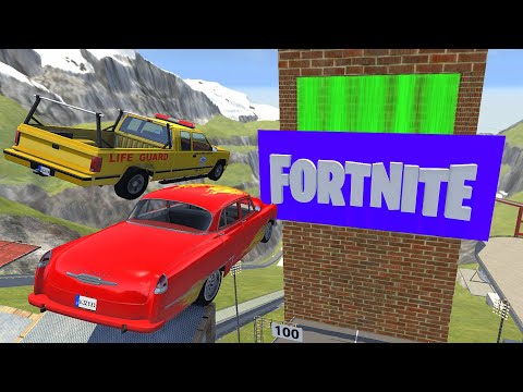 Crazy Vehicle High Speed Jumps Over FORTNITE Through Green Slime Water Wall - BeamNG.drive Jumps
