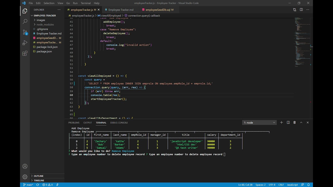 Employee Tracker  made with javaScript, mySQL and VS Code