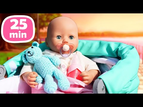 Baby Annabell doll eats toy food & goes for a walk in a toy stroller. Daily routines with dolls.
