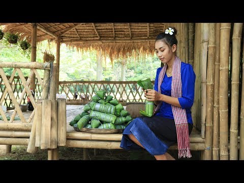 Cooking traditional Sticky rice cake with pork in Cambodia