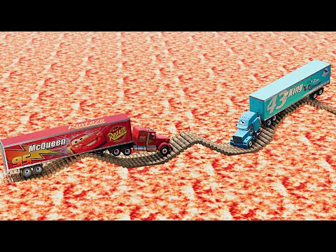 Mack Truck vs King Dinoco Truck vs Impossible Log Wave Bridge Crossing Cars Vs Deep LavaBeamNG.Drive