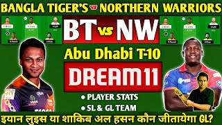 BT vs NW Abu Dhabi T10 Dream11 Team, Bangla Tigers vs Northern Warriors Dream11 Team, BT vs NW.