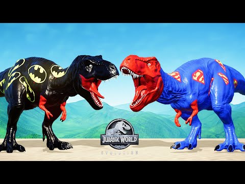 BATMAN T REX VS SUPERMAN T REX | DINOSAUR FIGHTING || JURASSIC WORLD EVOLUTION