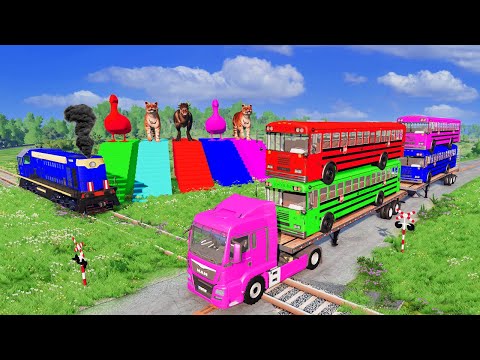 Monster Trucks Potholes Flatbed Long Trailer Truck Car Rescue - Cars vs Deep Water - BeamNG.drive