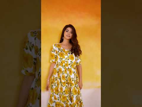 Mustard ichitra Silk Floral Print Frock with 5-Meter Flair
