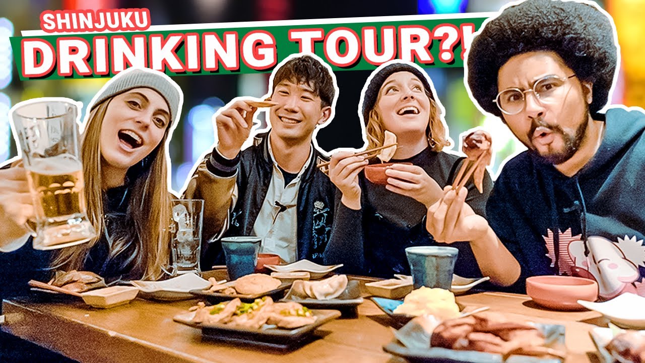 A group of tourists revel in Shinjuku's exhilarating bar hopping adventure.