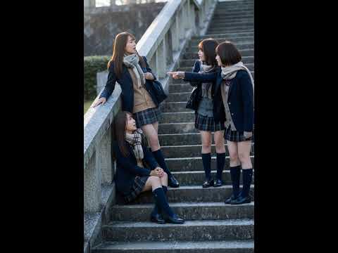 階段にいる制服姿の女子高生