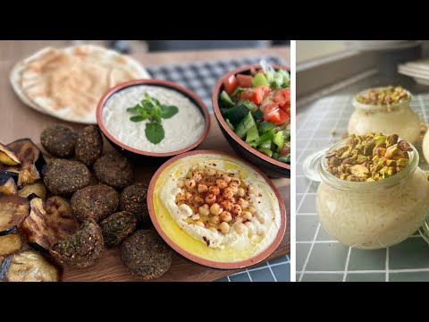 Lebanese brunch: falafels, assorted salads and orange blossom rice pudding