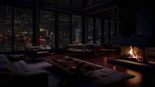 Regen- und Kaminambiente: Gemütliches Schlafzimmer mit Blick auf die Stadt bei Nacht 🌧️🔥🌃