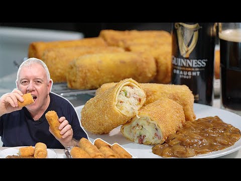 Ultimate IRISH Comfort Food Cabbage BACON MASHED potato CRISPY Pancake Rolls with Guinness Gravy