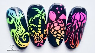 Neon pigments ombre nail art. Palm tree, lizard, jellyfish, turtle nail art made easy