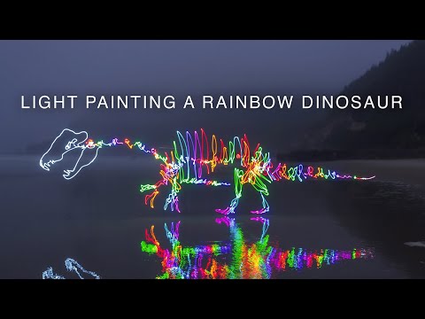 A rainbow dinosaur light painting filmed in real-time