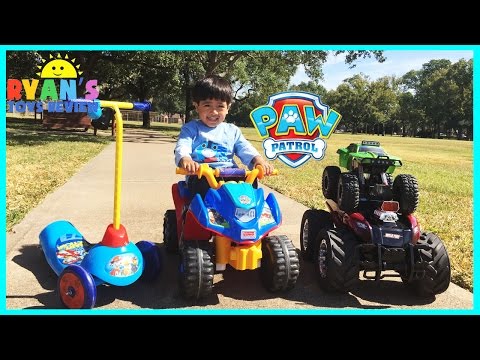 Ryan PLAYTIME AT THE PARK with Paw Patrol Power Wheels and opening egg surprise Video