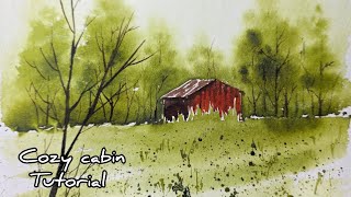 The Coziest Watercolor Cabin Ever / easy landscape tutorial 