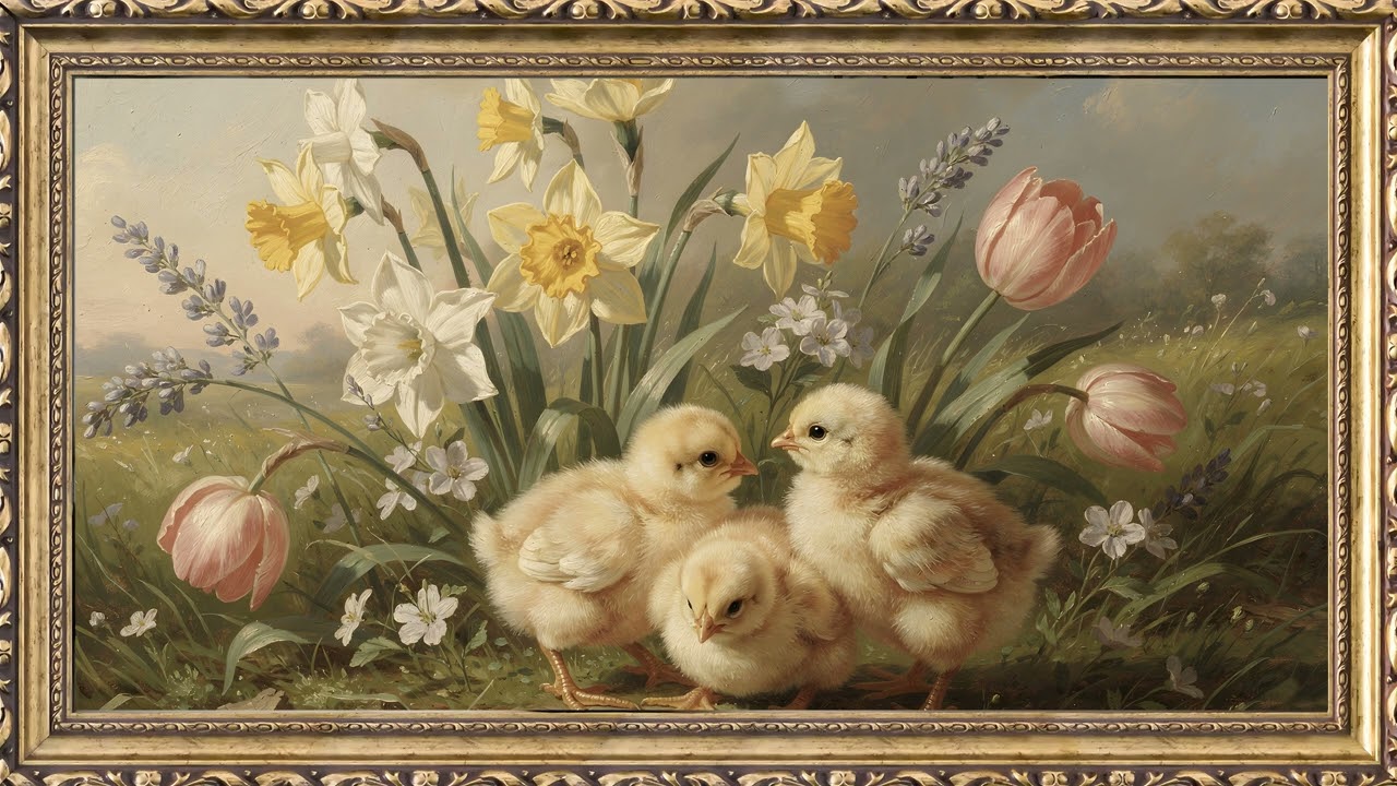 Easter Baby Chicks & Spring Flowers πΈπ£ | 4K Vintage Oil Painting | Frame TV Art 2 Hours β 4K ambient art screensaver in baroque gold frame