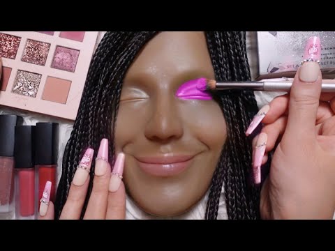 ASMR Sparkly Pink Makeup  Braid Hairplay on Mannequin (whispering, tapping, makeup sounds)