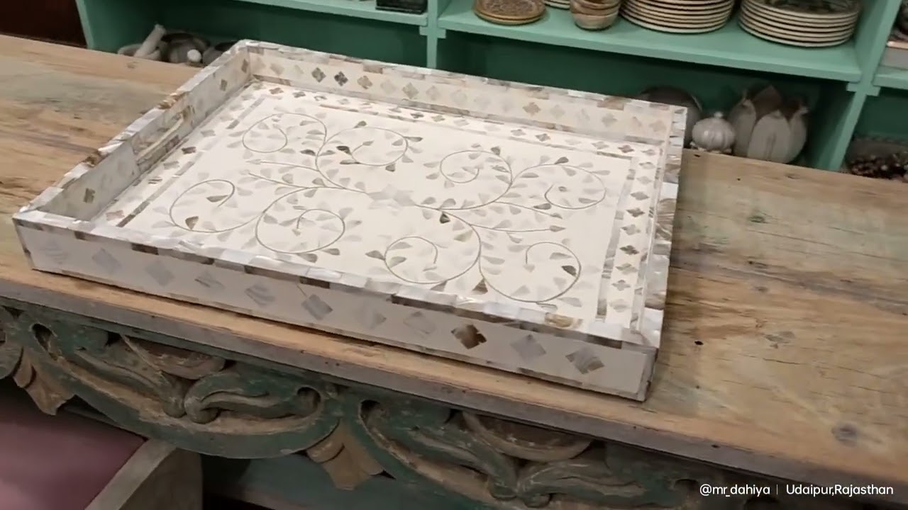 serving tray Mother of Pearl Inlay Rectangular Tray in Floral/White Large tray