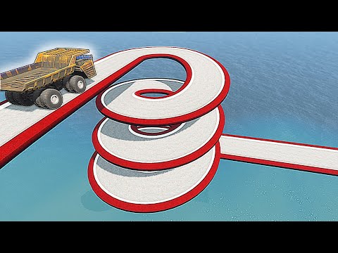 Vehicles cross an impossible Spiral Bridge over a cliff | BeamNG.drive