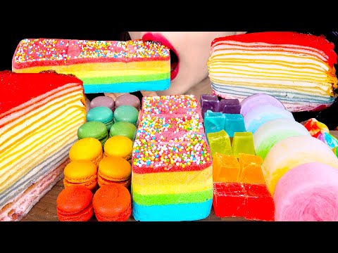 ASMR RAINBOW DESSERTS 무지개 먹방 CREPE CAKE KOHAKUTOU MACARON MUKBANG EATING SOUNDS 咀嚼音 | ZOEY ASMR