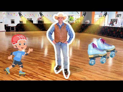 Man in a cowboy vest and hat stands on inline skates in an indoor roller-skating rink; a cartoon kid on skates is on the left and blue roller skates appear on the right.