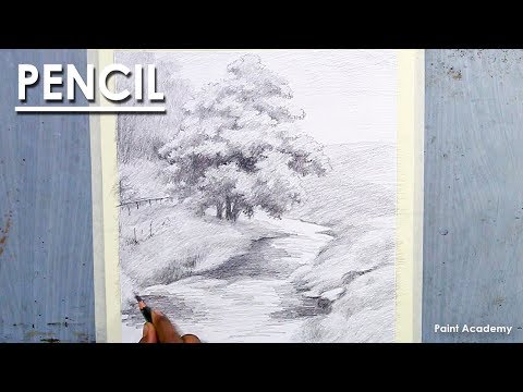 Mountains and Pine Tress Watercolor Pencil Landscape Drawing | steps to follow
