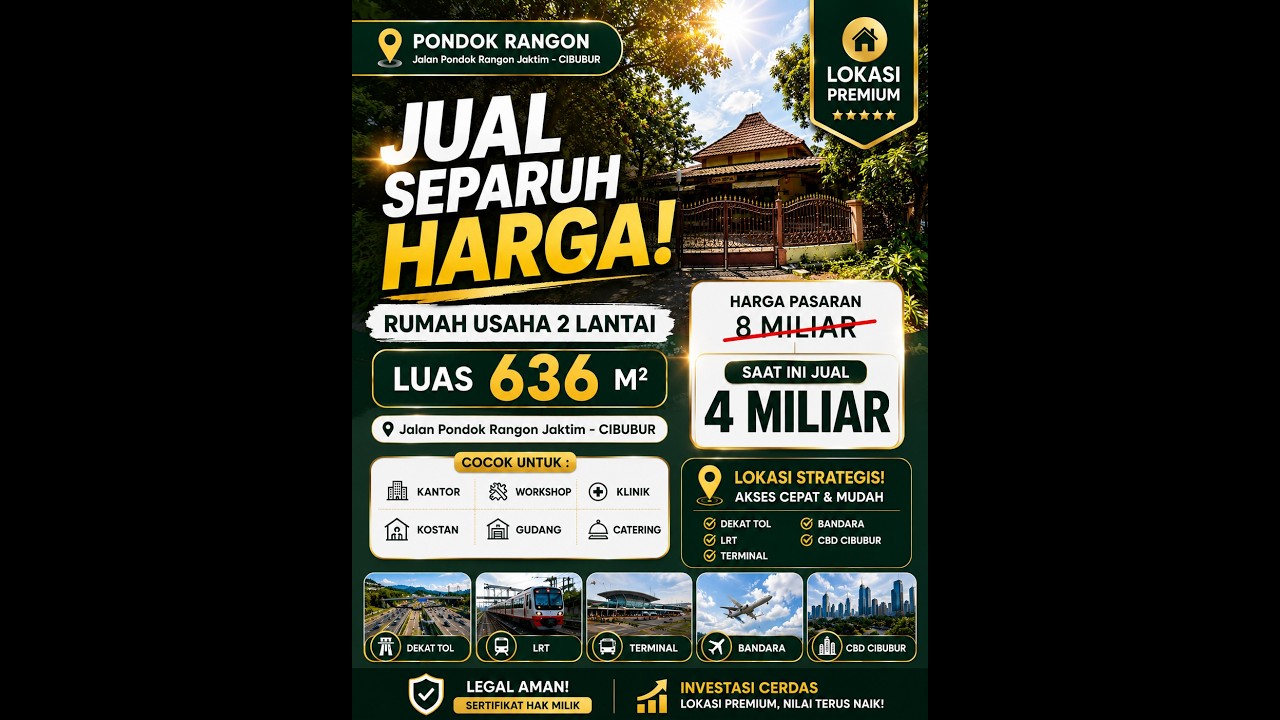 Half Price Sale! House Area 636 sqm, Suitable for Office & Warehouse in Pondok Rangon, Cibubur, East Jakarta