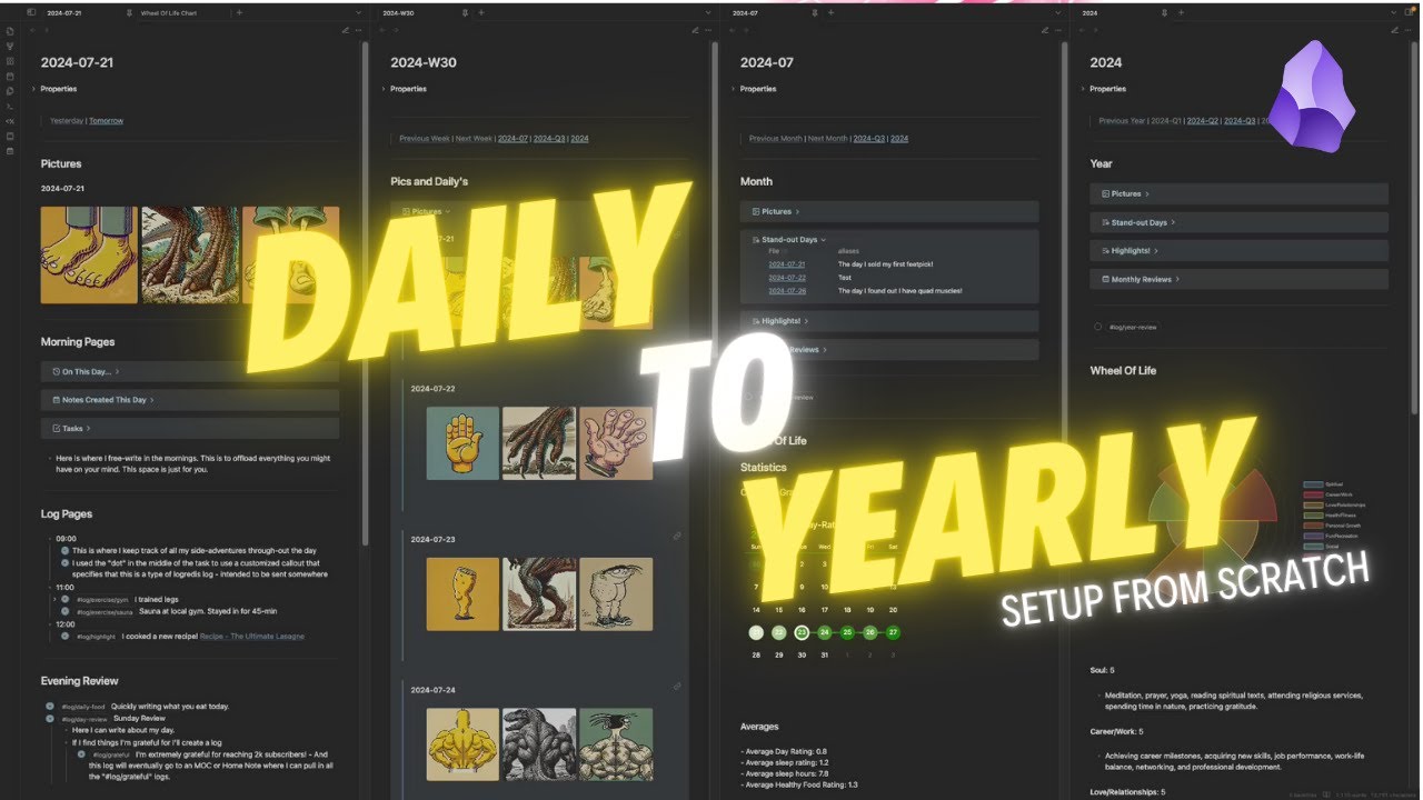 Obsidian Daily Note roll-up (Weekly, Monthly, Quarterly, and Yearly) - Full setup from scratch!