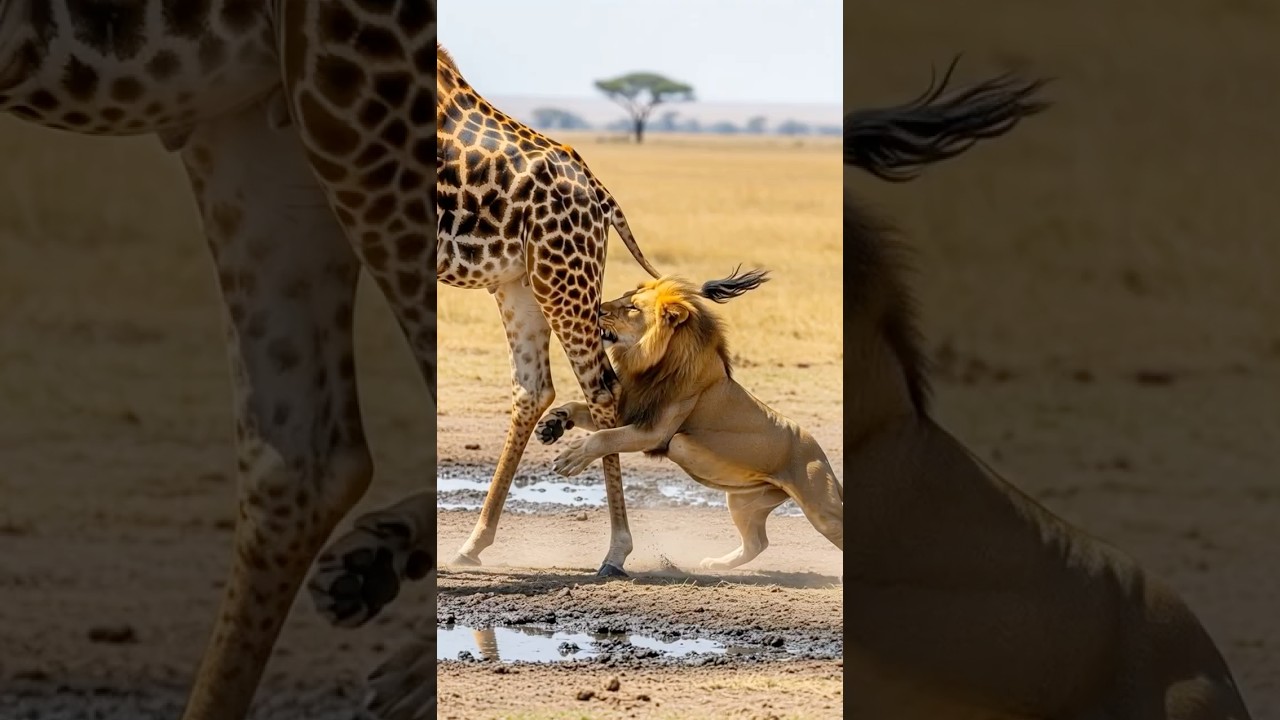 Lion vs. Giraffe Showdown! #aianimals #wildlife #wildliferescue #animalattack