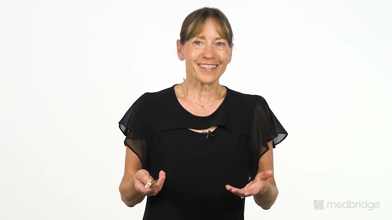 Smiling woman with light brown hair in a ponytail gestures, illustrating medbridge's friendly approach to healthcare education.