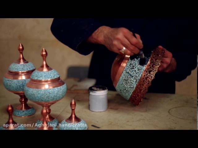 طقم ثلاث قطع تحف نحاس مطعم بالعاج