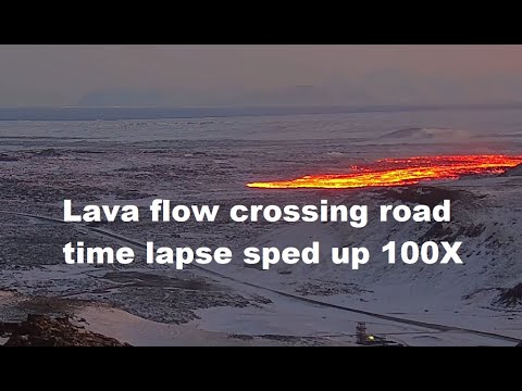 Time lapse lava flow crossing road near Blue Lagoon, Iceland | 8 February 2024
