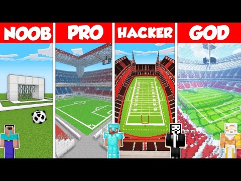 Noob Builder - Minecraft - FOOTBALL SOCCER STADIUM BUILD CHALLENGE - Minecraft Battle: NOOB vs PRO vs HACKER vs GOD / Animation