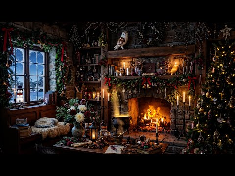 Magical Christmas Witch's Yule Cottage Ambience ✨🔥 Cozy Fireplace, Spell Potions, Snowy Night