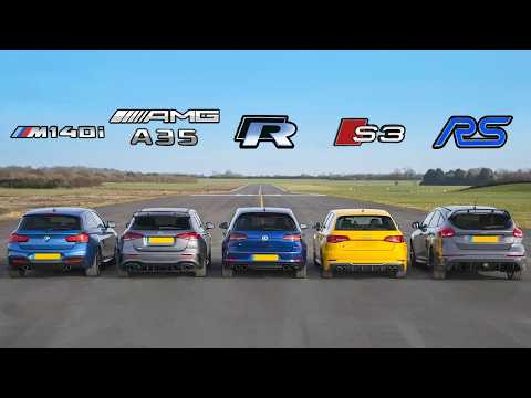 AMG A35 v  BMW M140i  v Golf R v Audi S3 v Focus RS - DRAG RACE, ROLLING RACE & BRAKE TEST