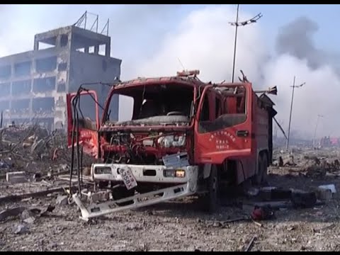 Damaged Firefighting Trucks Seen in Core Zone of Tianjin Warehouse Explosion Site
