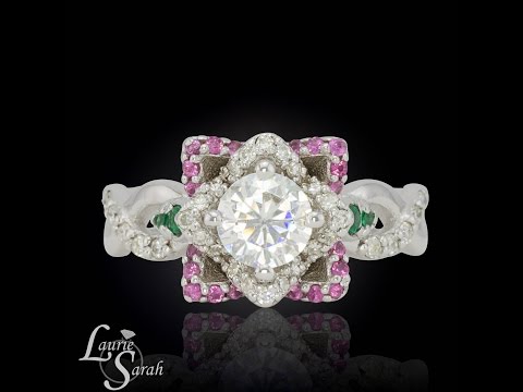 Round Moissanite Lotus Flower Ring, Pink Sapphires, Emeralds LS3447