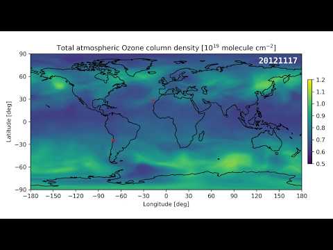 Total atmospheric Ozone column density over 10 years (2009-2019)