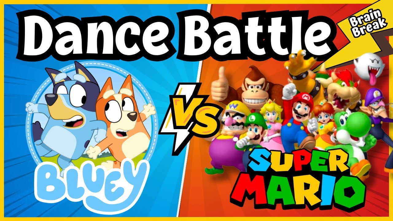 Dance Battle: Bluey VS Super Mario | Brain Break | Just Dance | PE warmup | GoNoodle inspired