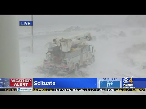 National Grid Truck In Scituate Stuck In Snow While Trying To Restore Power Lines