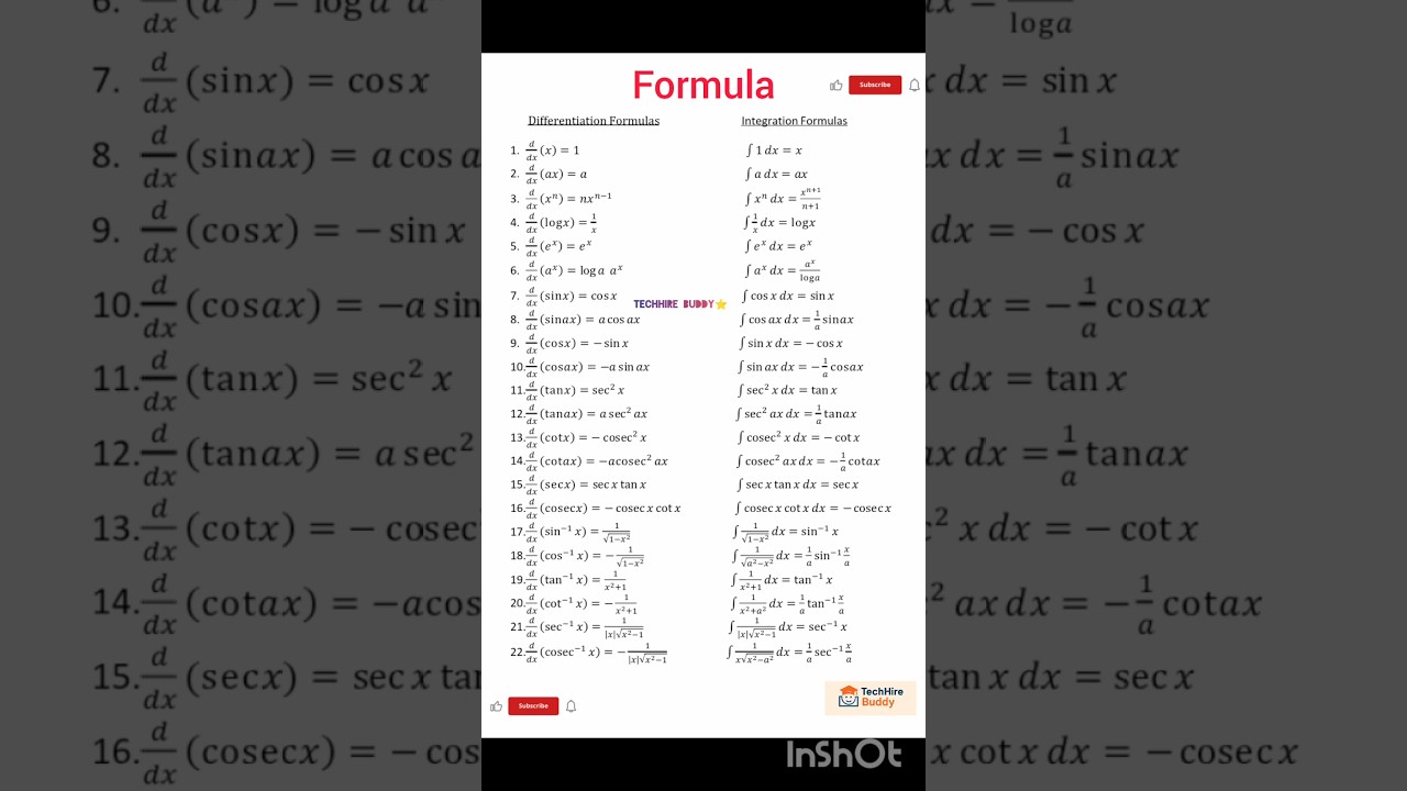 Differentiation & Integration Formulas | Must Watch for Exam| #techhirebuddy