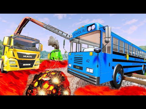 Bus vs Rails and Train with Crane Truck Rescue Double Bus on Deep Lava - Cars vs Deep Lava - BeamNG