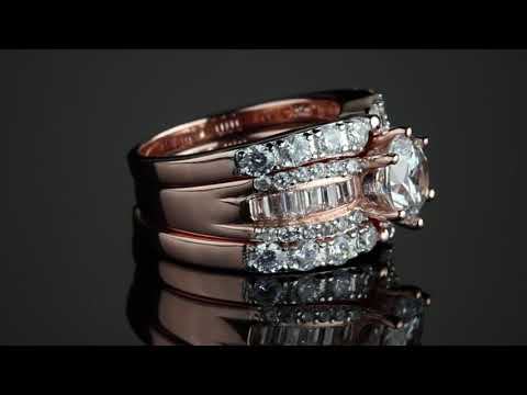 Cubic Zirconia 3-Piece Multi-Row Bridal Ring Set In Rose Gold-Plated Sterling Silver